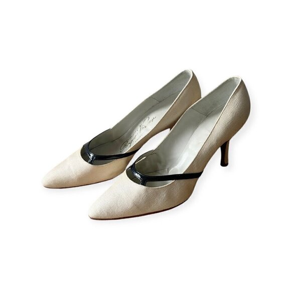 Vintage Roger Vivier Ecru Fabric Pumps with Black Patent‎ Trim, Size 6.5B - Picture 5 of 16